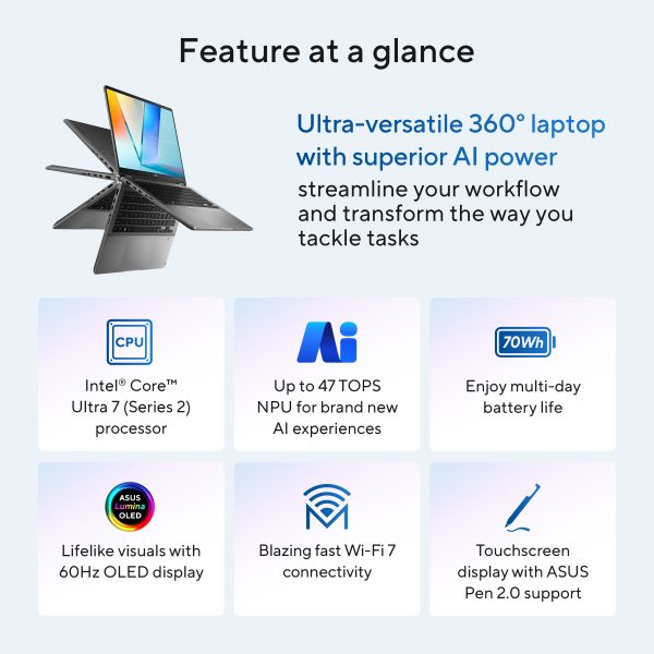 Asus TP3407SA Vivobook 14 Flip Ultra7 258V 1TB SSD 32GB RAM 14" 2.8K OLED Touch Asus certified refurbished with 12 month warranty