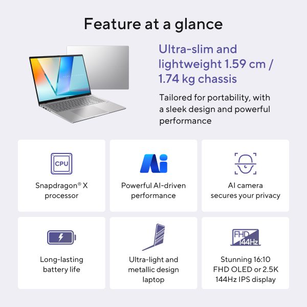 Asus S3607Q Vivobook S16 Snapdragon X X1 26 100 16GB RAM 512GB SSD 16" Copilot+PC Asus certified refurbished with 12 month warranty